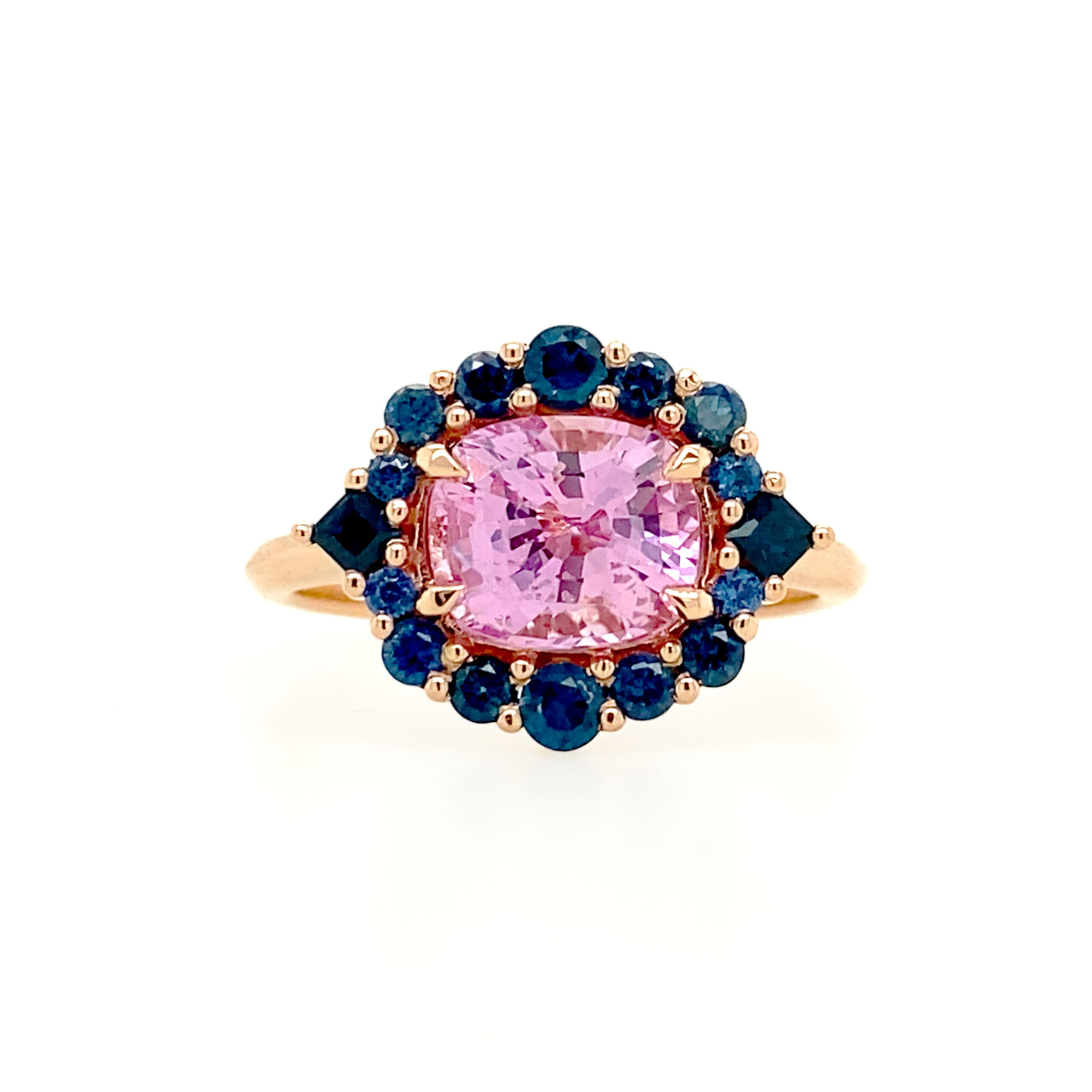 Pink and Blue Sapphire Halo Ring