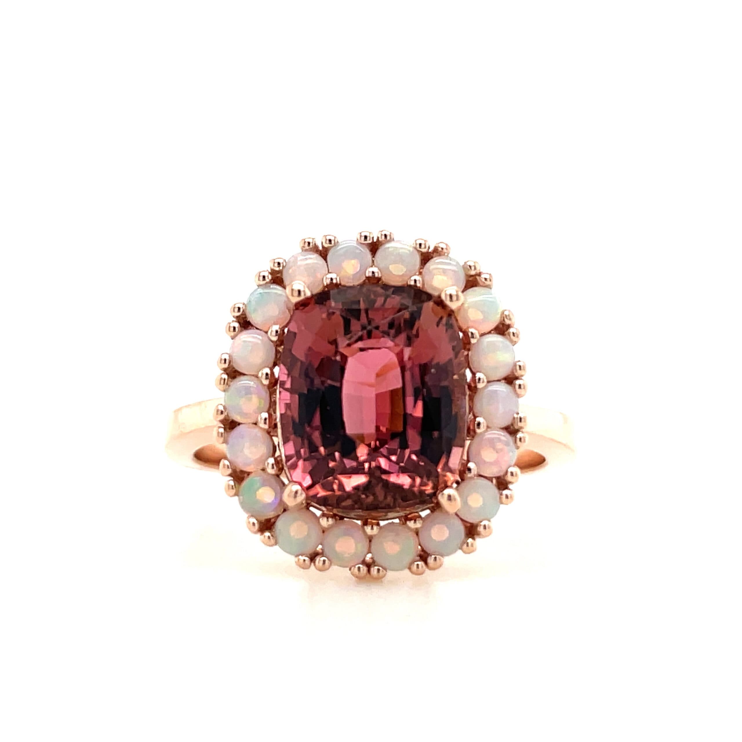 Cushion Pink Tourmaline Opal Halo Ring