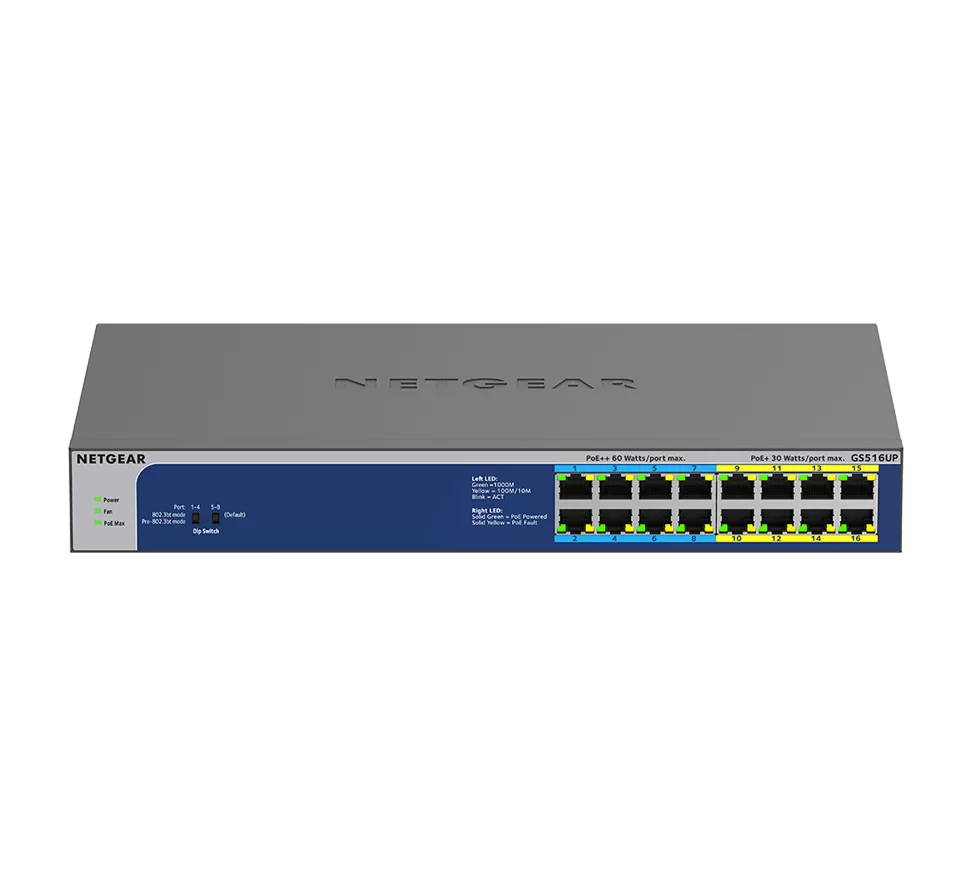 Netgear 16-Port POE++ Gigabit Ethernet Unmanaged Switch 380 W PoE Budget (GS516UP-100NAS)