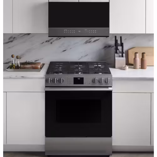 Café 30″ Smart Slide-In, Front-Control, Gas Range with Convection Oven in Platinum Glass