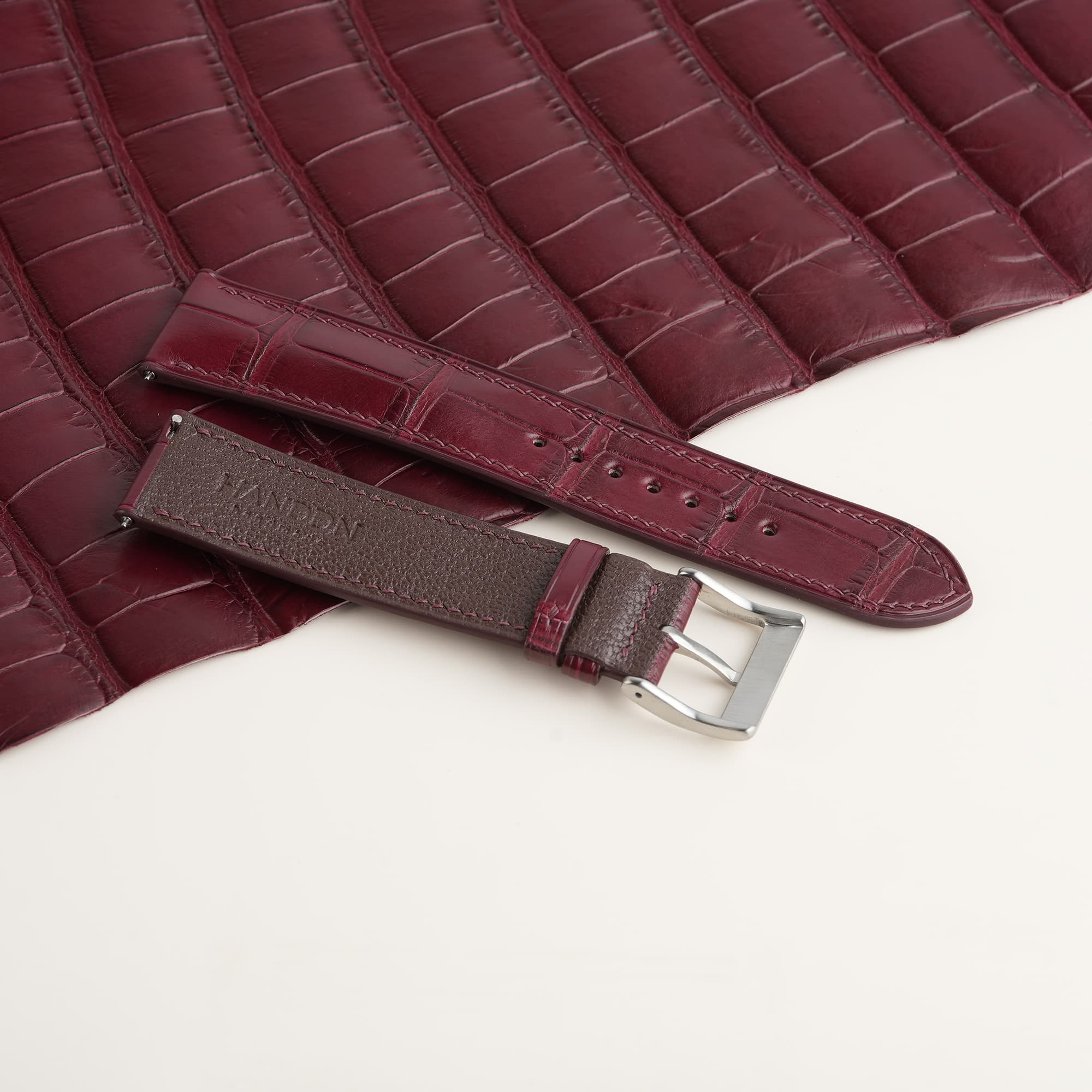 Burgundy Alligator Lining Dark Brown Alran Sully Leather Watch Strap - thumbnail 4