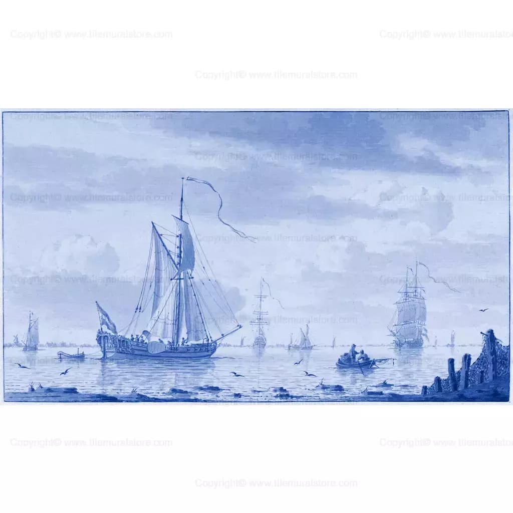 Sailing Boats Off the Coast – 1758 – Dutch Holland Netherlands Delft Art Tile Mural Backsplash