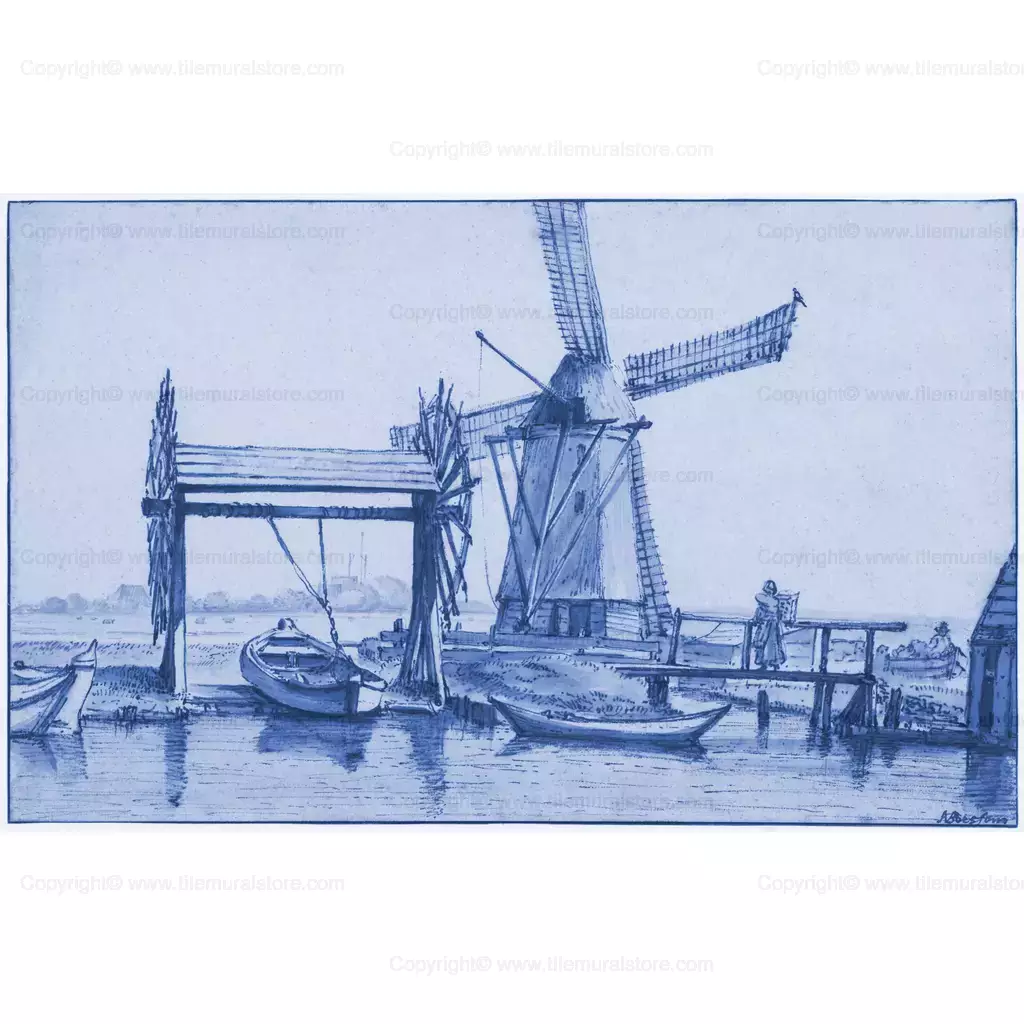 Windmill And Fishing Boats Outside Amsterdam – 1667 – Dutch Holland Netherlands Delft Art Tile Mural Backsplash