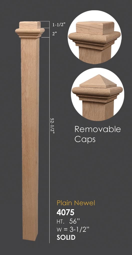 RO-4075-NT Plain Newel Post – 3-1/2″ Sq. x 56″ Wooden
