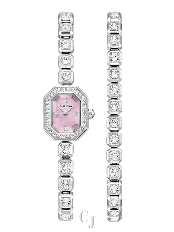 Bulova Crystal Set Pink Mother of Pearl Dial Stainless Steel Women’s Watch 96X168