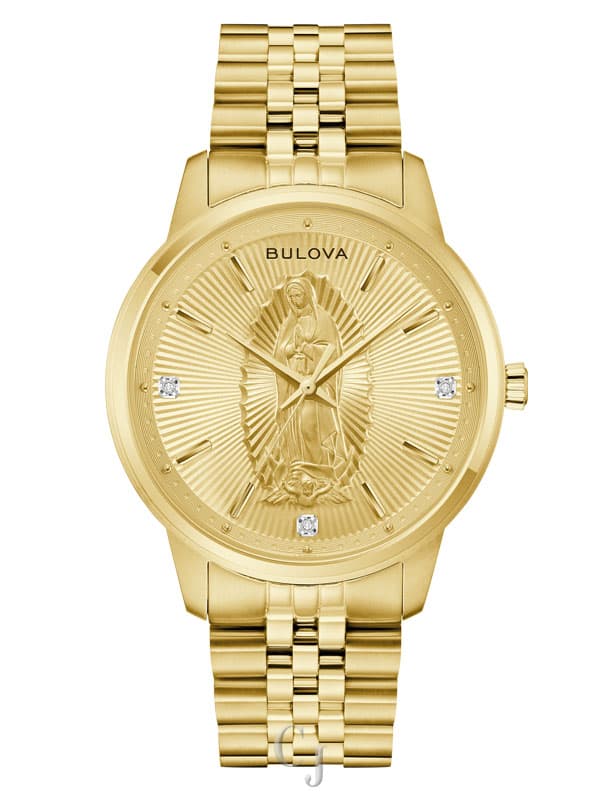 Bulova Virgin of Guadalupe Champagne Dial Diamond Accent Gold-Tone Men’s Watch 97D141