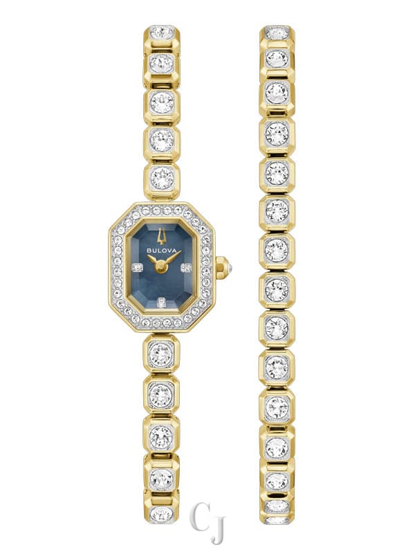 Bulova Crystal Set Black Mother of Pearl Dial Gold-Tone Women’s Watch 98X143