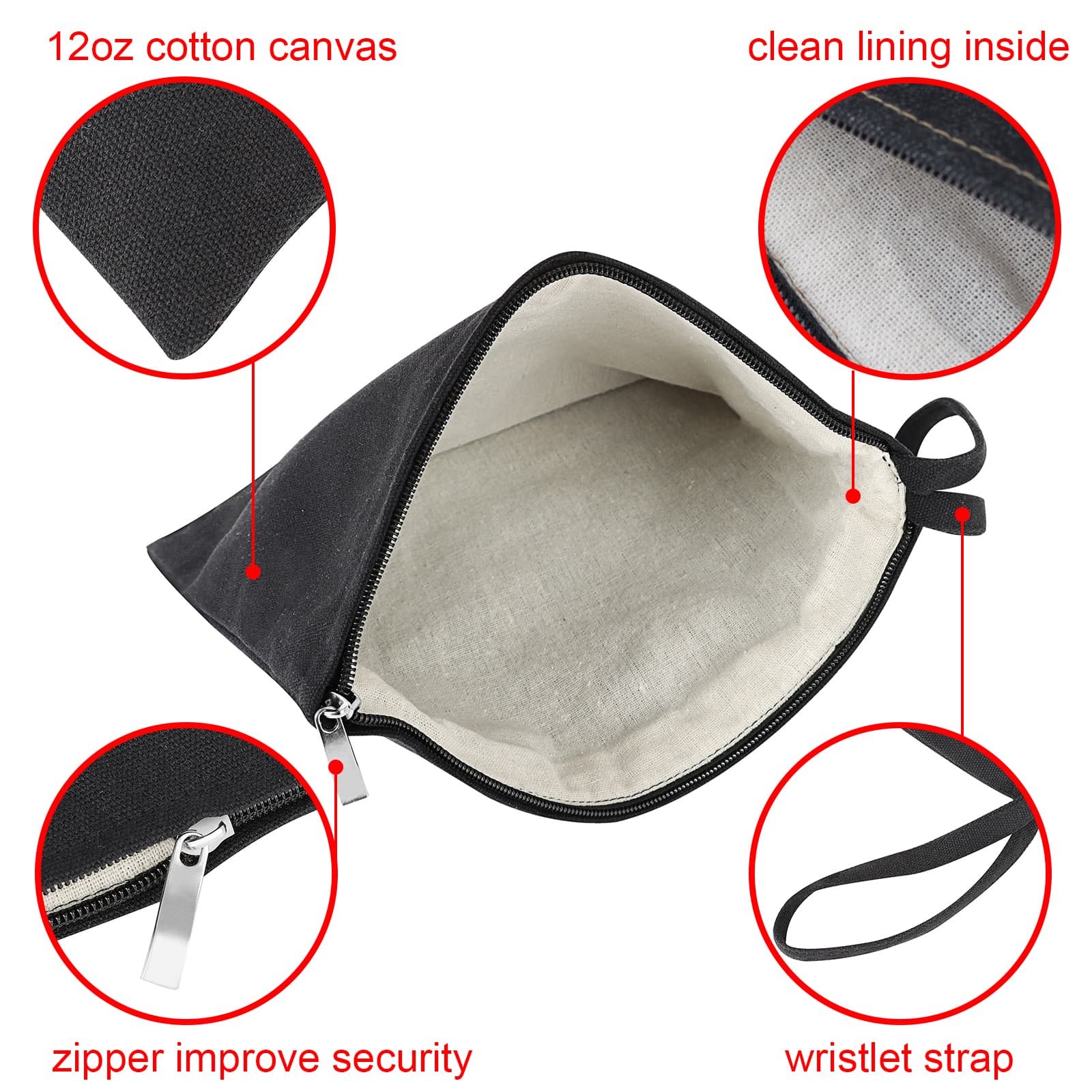 Large White Cotton Lined Zip Pouch Bag w/ Wristlet – 10-3/4″ x 8″ - thumbnail 9
