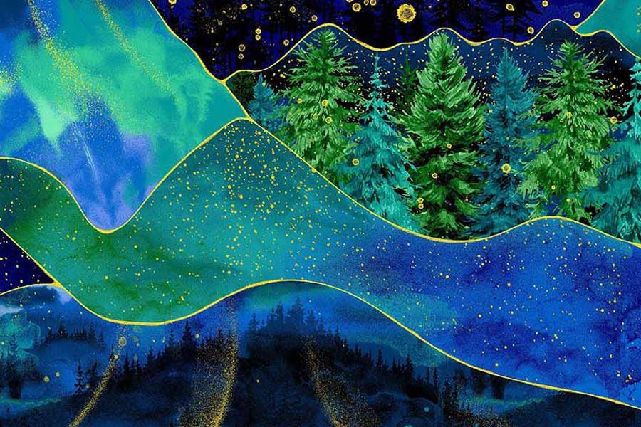 Endless Sky Night Forest Patchwork – Gold Metallic