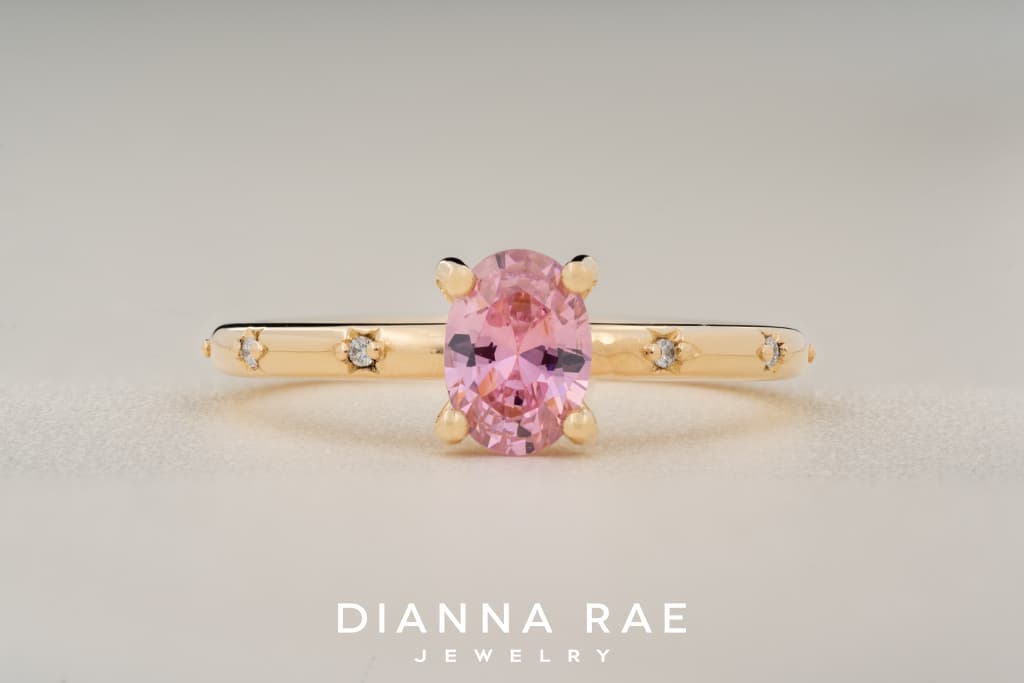 10K Yellow Gold Pink CZ Ring with Diamond Accents