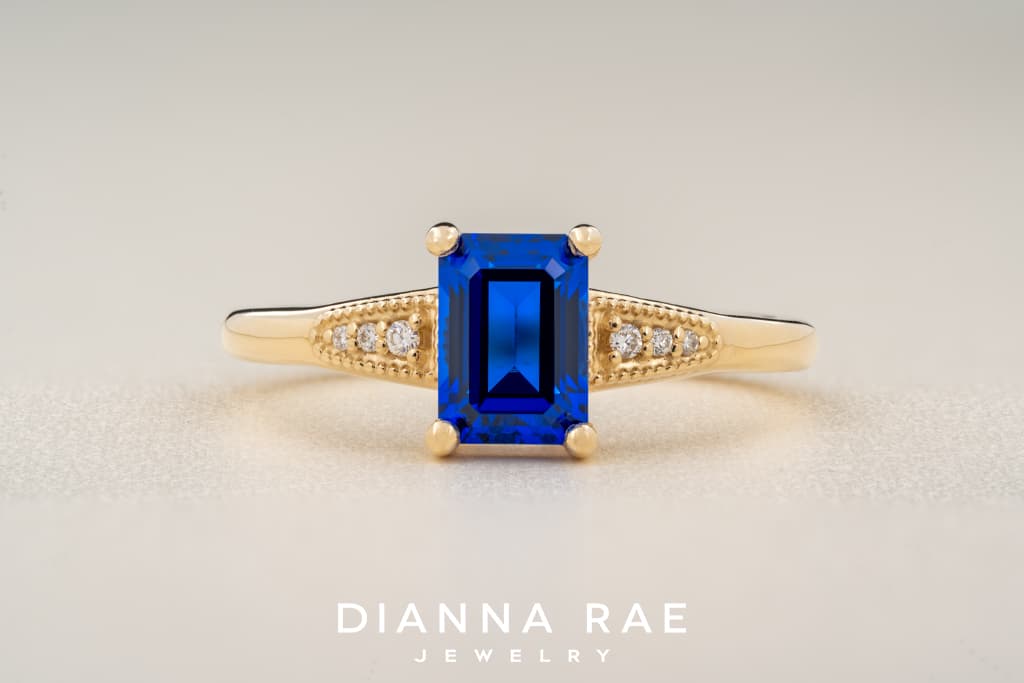 10K Yellow Gold Emerald Cut Imitation Sapphire Ring