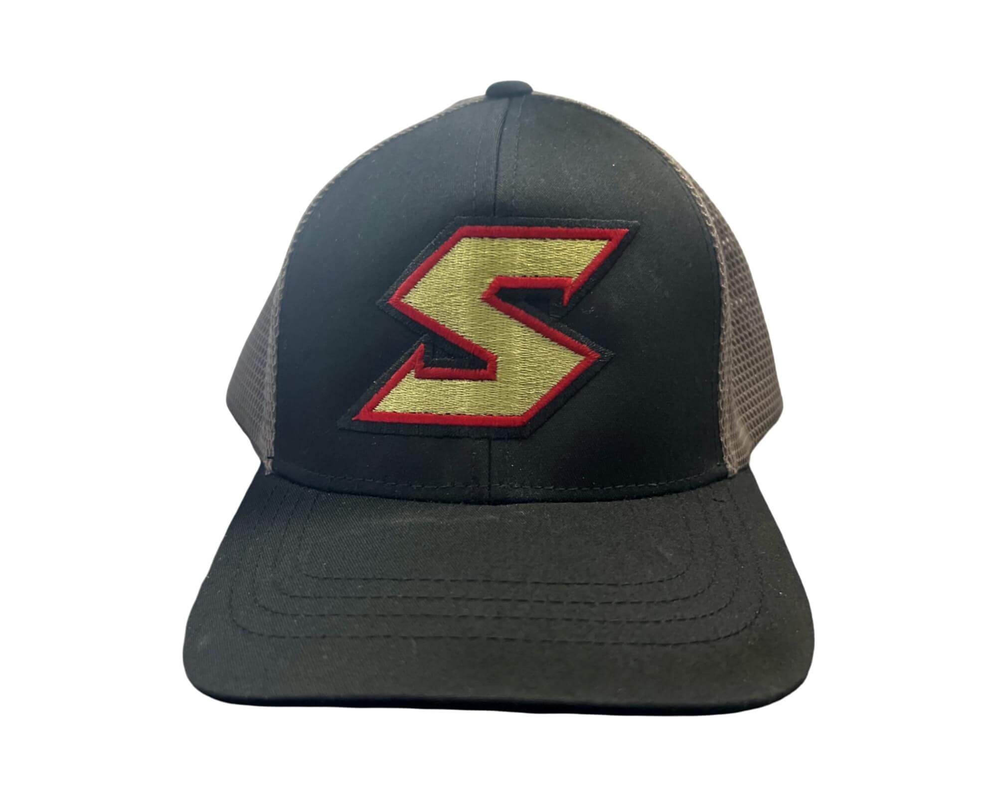 Suncoast Black/Charcoal with Metallic Gold/Red S Fusion Trucker Hat