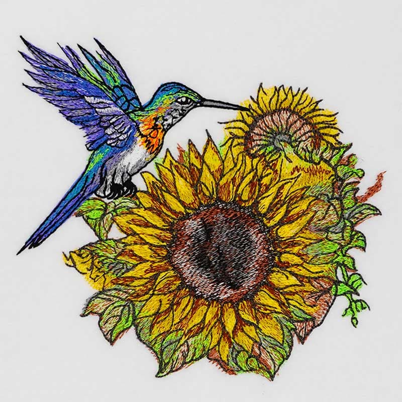 Premium Embroidery Design: EL Sunflower Hummingbird 4 – 5 sizes