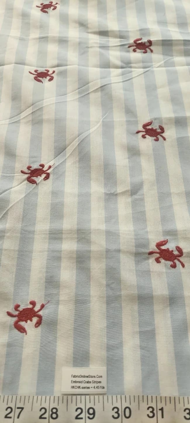 Embroidered Crabs On Striped Fabric For Shirts, Blouses, Kids Clothing, Dresses, Bags &amp; Costumes.