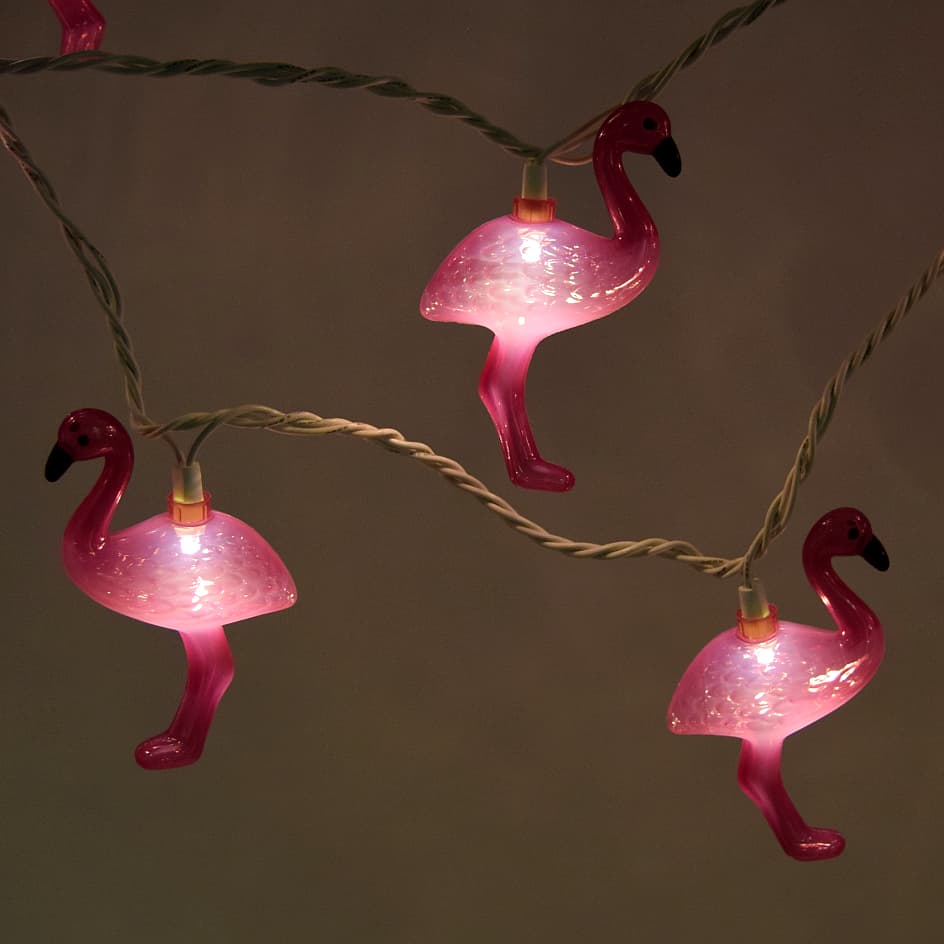 LED Pink Flamingo String Lights with White Wire