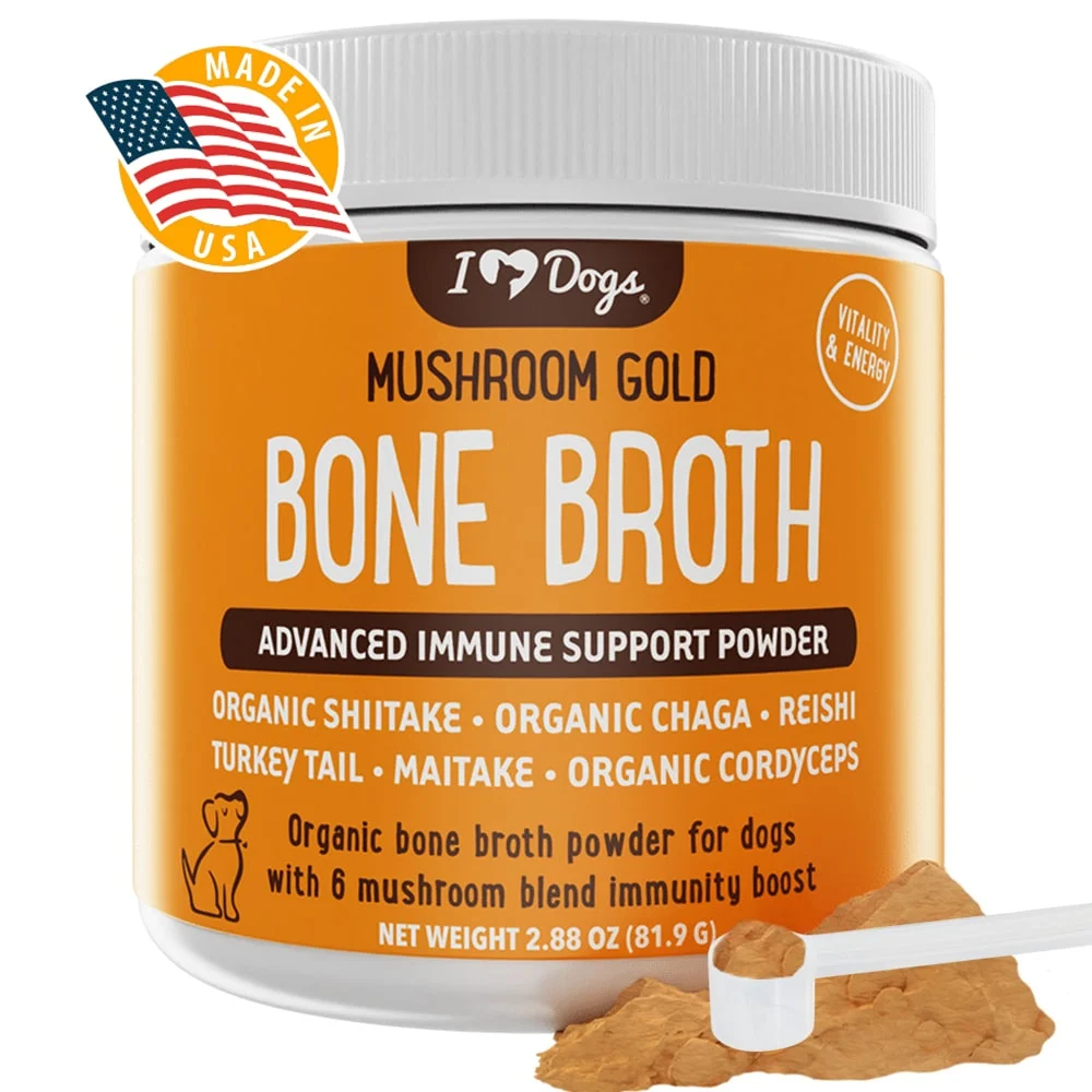 Bone Broth For Dogs Immune Support Powder – PLUS Mushroom Gold with Organic Shiitake, Turkey Tail, Reishi