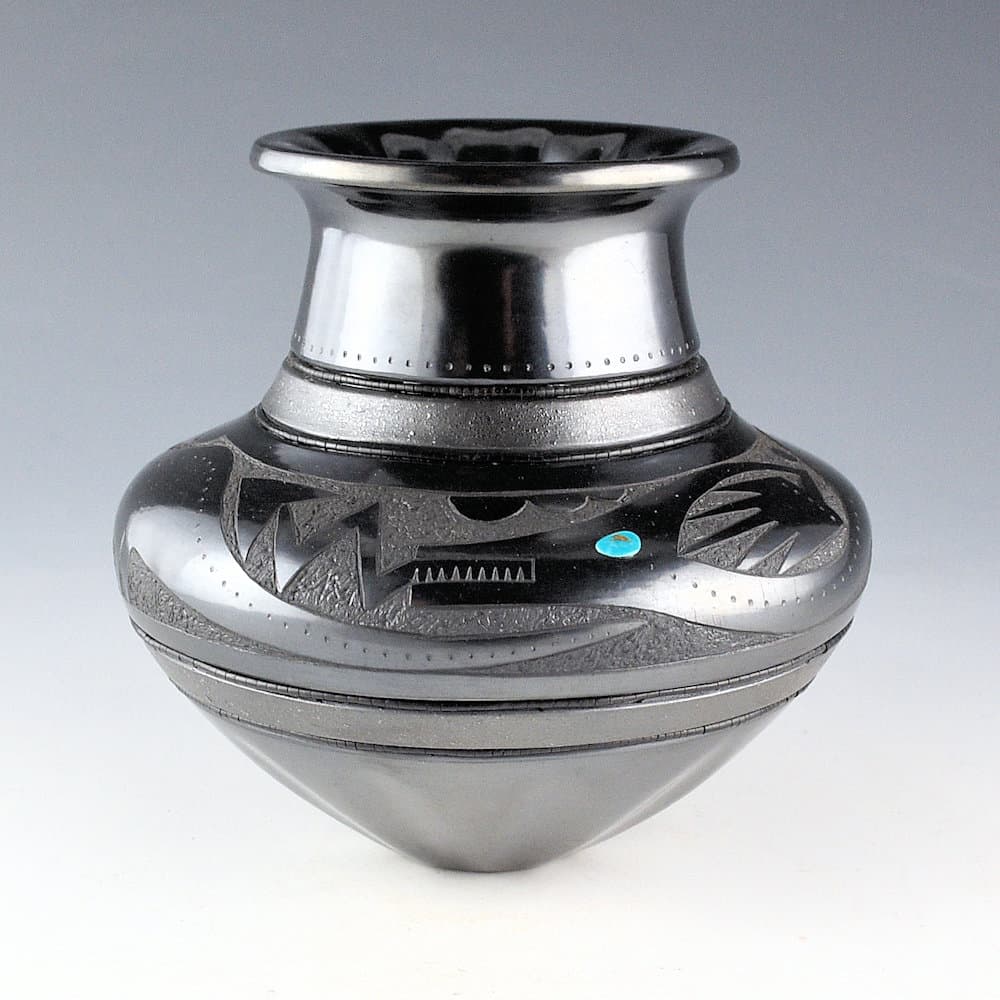 Sanchez, Russell  – Gunmetal Fired Water Jar with Avanyu, Waterfall Neck and Gourd Base
