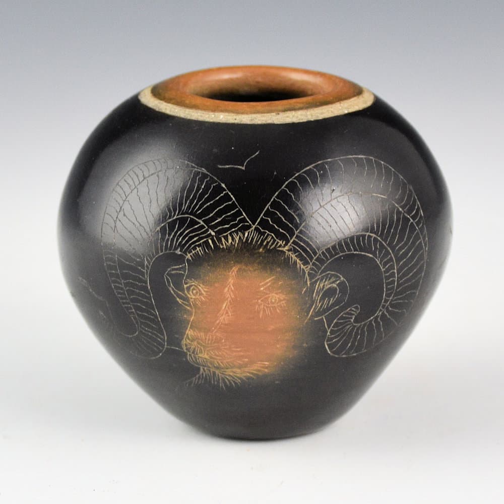 Gonzales, Barbara – Small Black and Sienna Jar with Big Horn Sheep (1975)