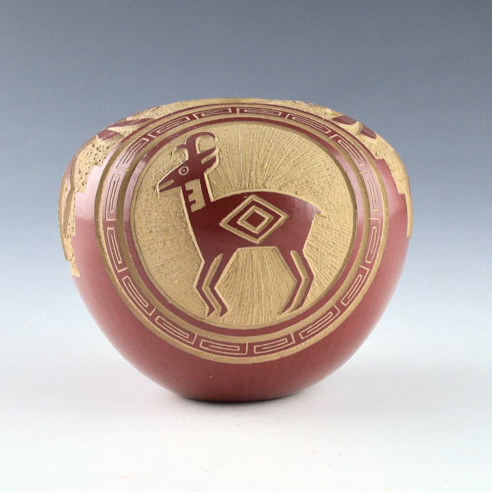 Youvella, Wallace – Red Bowl with Antelope and Dragonflies (1970s)