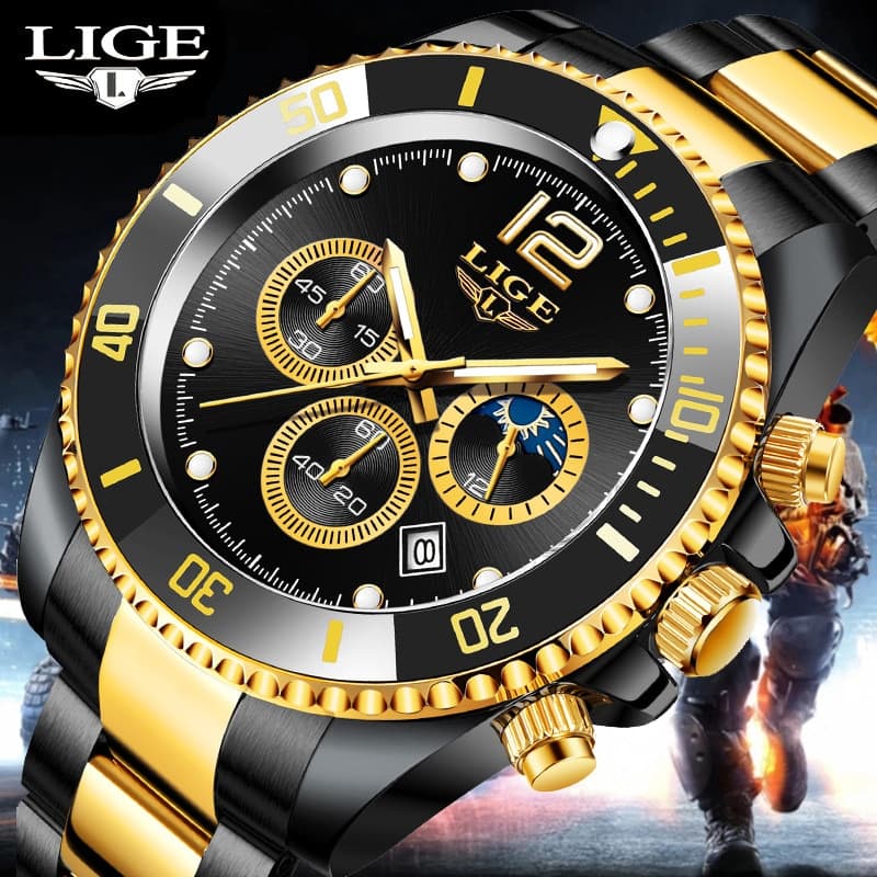 LIGE 8924 Stainless Steel Moon Phase Quartz Watch