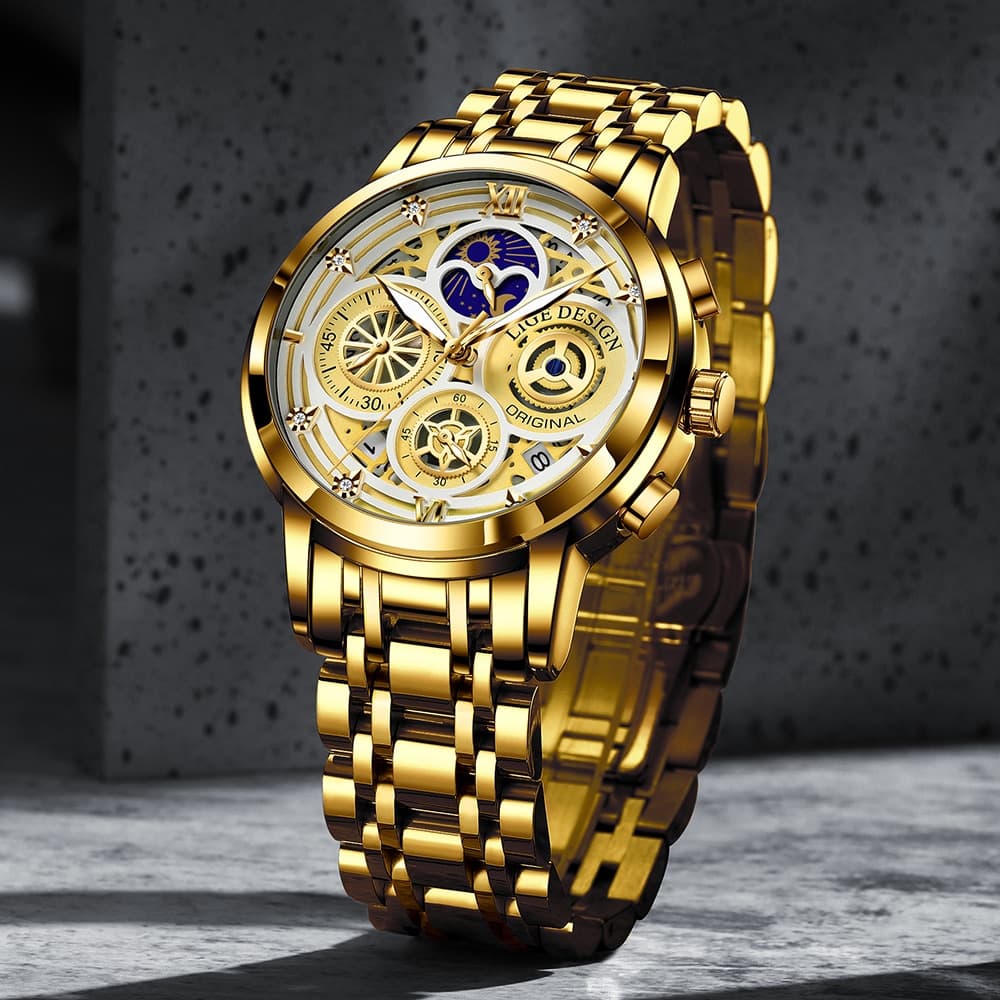 LIGE 8942 Luxury Gold Stainless Steel Watch - thumbnail 2