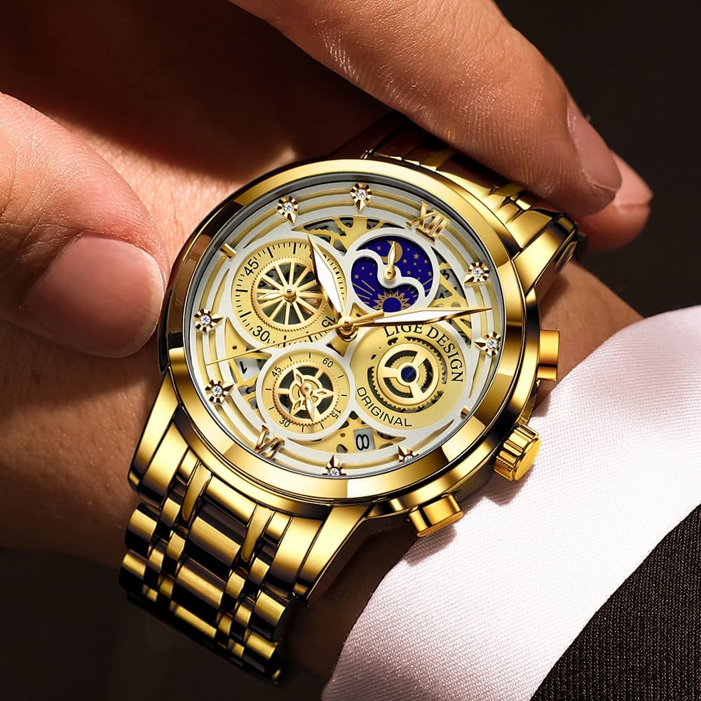 LIGE 8942 Luxury Gold Stainless Steel Watch - thumbnail 4