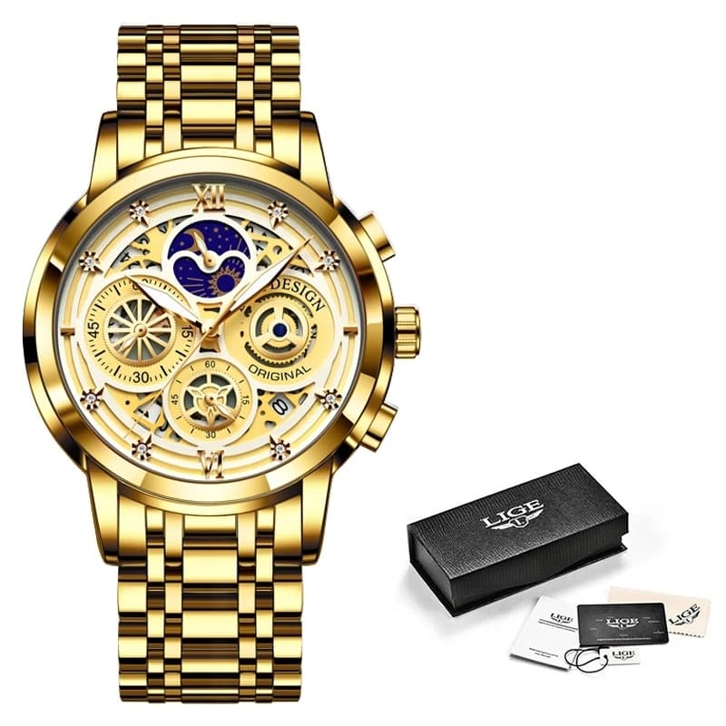 LIGE 8942 Luxury Gold Stainless Steel Watch - thumbnail 5