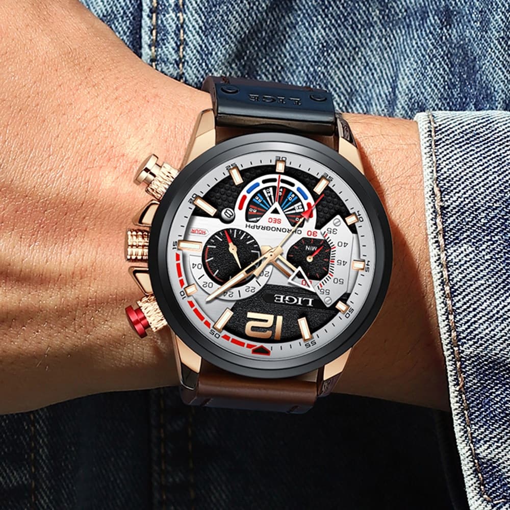 LIGE 8959 Mens Leather Quartz Watch - thumbnail 4