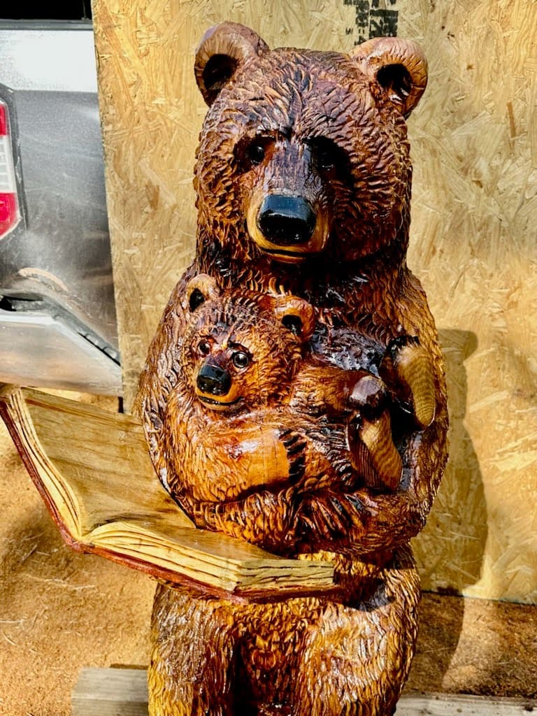 Mother Bear with Cub Reading Book Chainsaw Carving