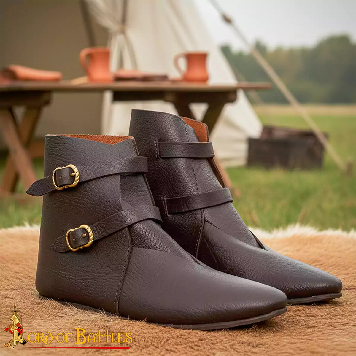 Medieval Ankle Boots – Handcrafted Leather Footwear with Brass Buckle Closures
