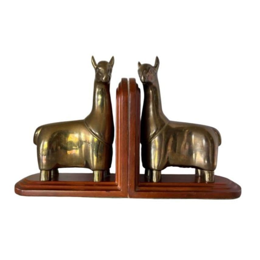 Vintage Brass and Wood Llama Bookends