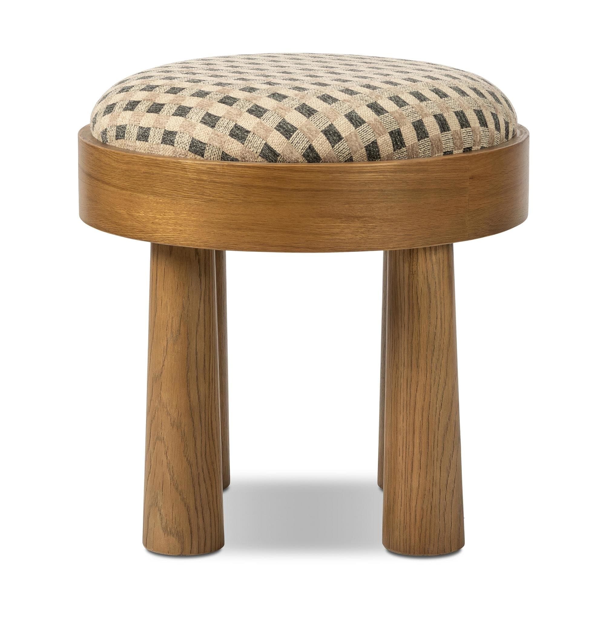 Rowe Oak Stool with Velvet Checkered Seat - thumbnail 2