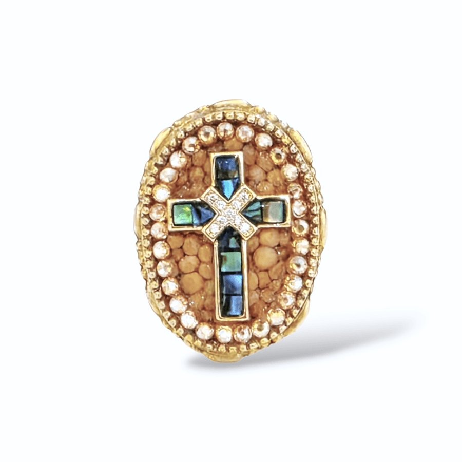 ABIDING PEACE ABALONE GOLD OVAL CROSS GOLD OVAL RING
