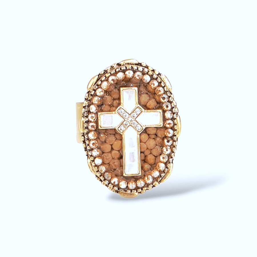 ABIDING PEACE PEARL GOLD OVAL CROSS GOLD OVAL RING