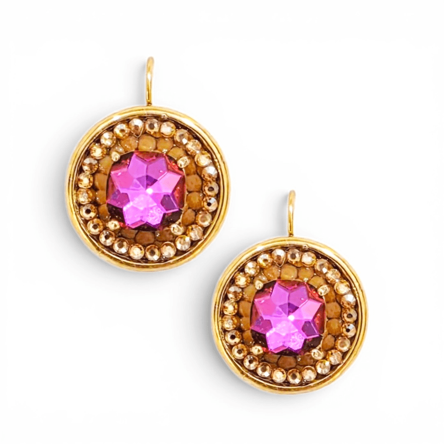 INSPIRED MAGENTA CRYSTAL Gold Round Earrings
