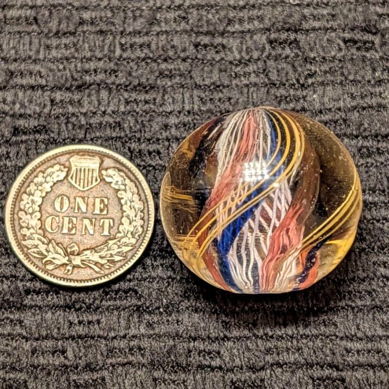Large 29/32″ Uncommon 3-Stage White Net-Like Latticino Swirl w/ 6 Internal Red & Blue Jelly Ribbons