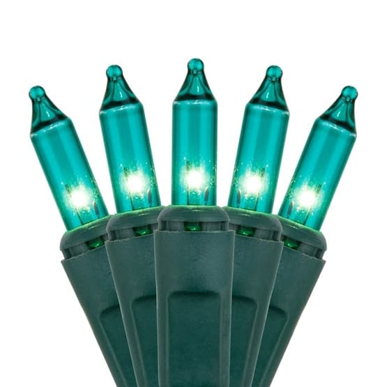 100 Teal Light Set, Green Wire, Polybag