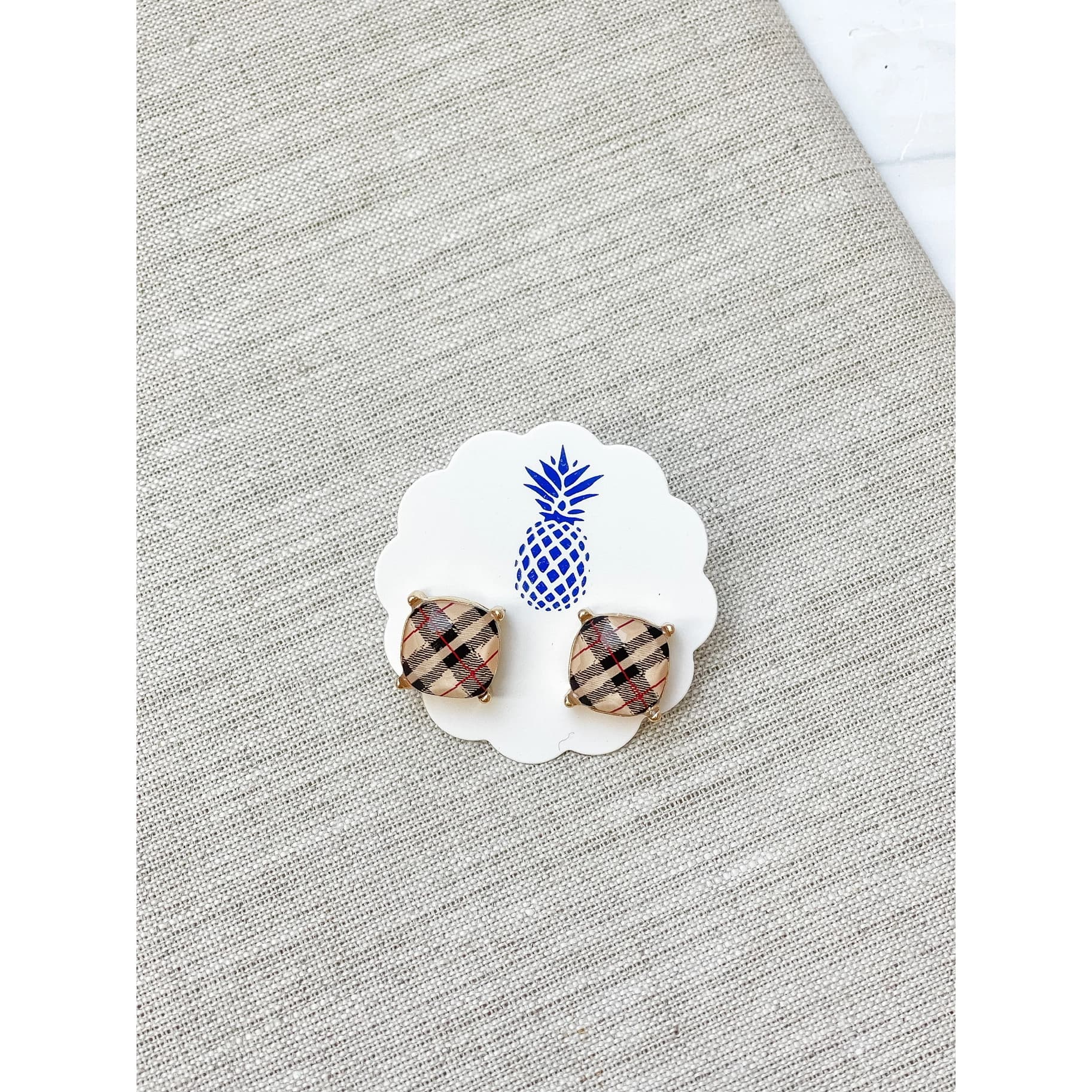Beige Plaid Stud Earrings $9.99