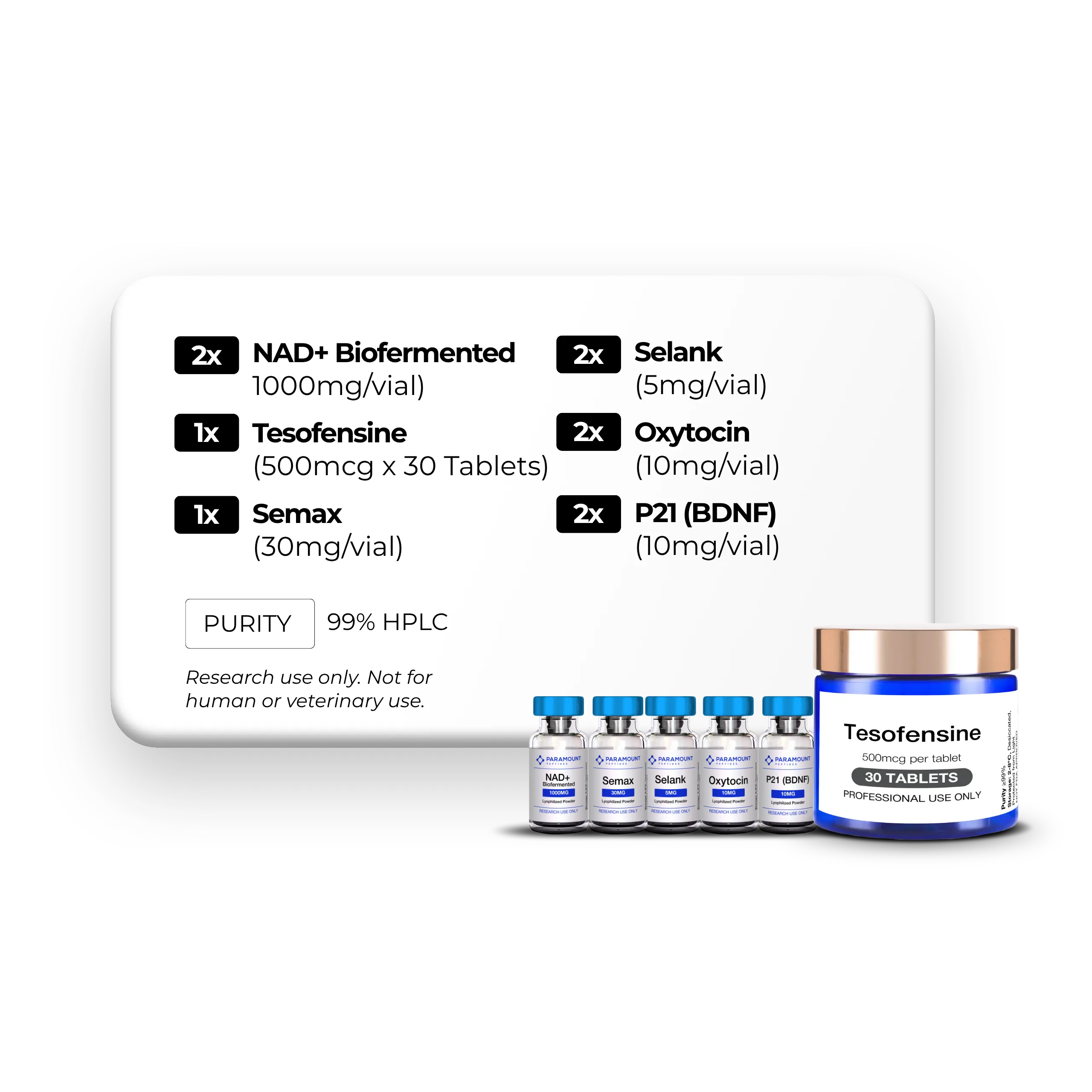 NAD+ Biofermented (1000mg), Tesofensine (500mcg x 30 Tablets), Semax (30mg), Selank (10mg), Oxytocin (10mg), BDNF (Brain-derived neurotrophic factor) (10mg)