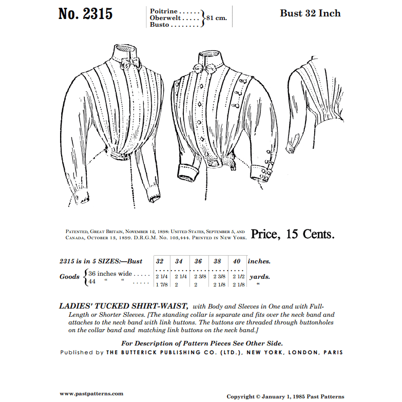 Early 1900s Tucked Shirt Waist Downloads | Past Patterns 2315
