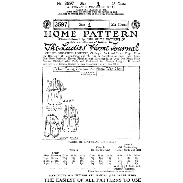 Early 1920s Childs One-Piece Romper Downloads | Past Patterns 3597