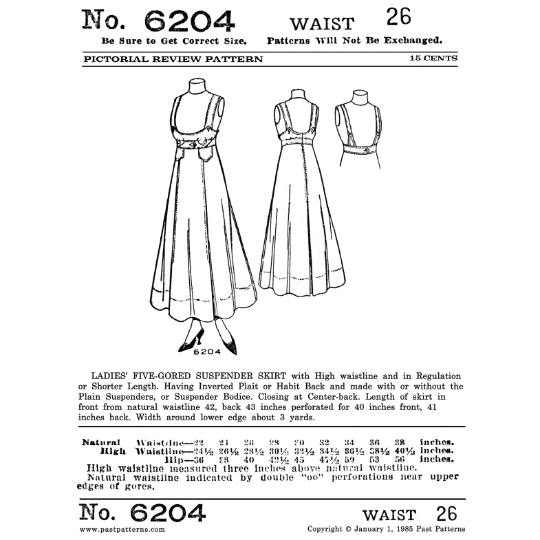 Mid 1910s Suspender Skirt Downloads | Past Patterns 6204