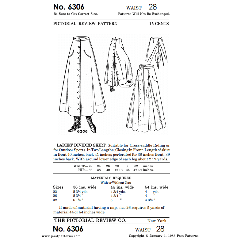 Authentic Mid 1910s Divided Skirt Downloads | Past Patterns 6306
