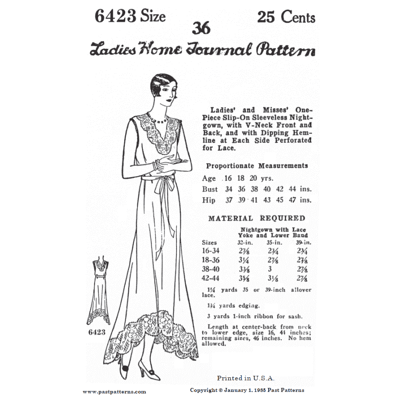 1930s Sleeveless Nightgown Downloads | Past Patterns 6423