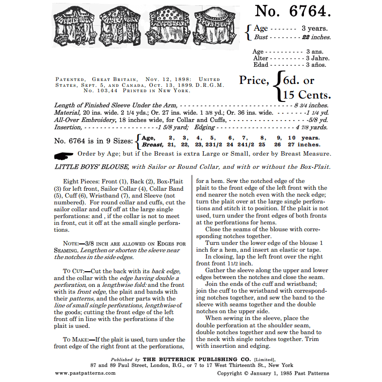 Gilded Age Blouse Downloads for 3-Year-Old Boy | Past Patterns 6764