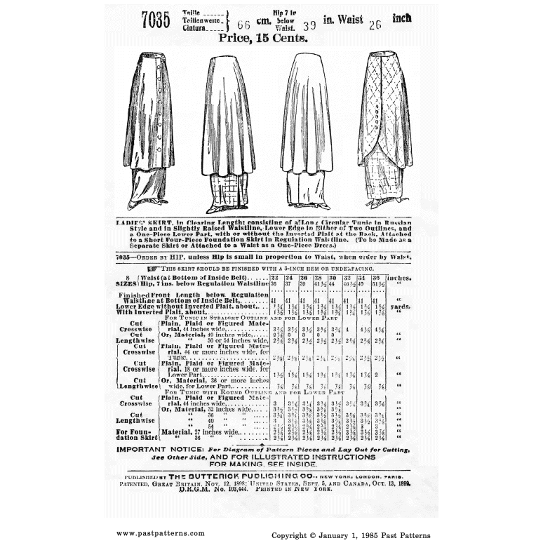 Mid 1910s Ladies Skirt in Clearing Length Downloads | Past Patterns 7035