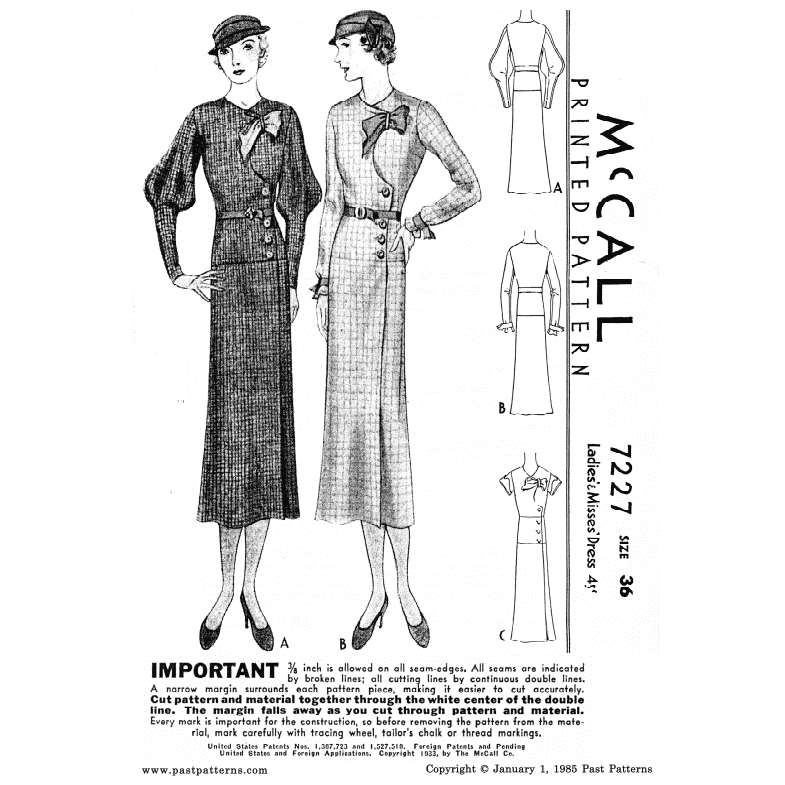 1930s Dress with Front Button Closure Downloads | Past Patterns 7227