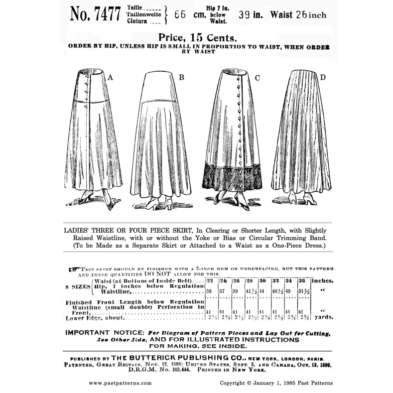 Mid 1910s Three or Four Piece Skirt Downloads | Past Patterns 7477