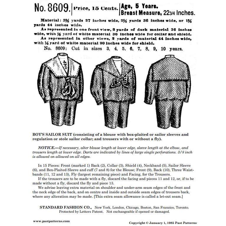 Edwardian Sailor Suit Downloads | Past Patterns 8609
