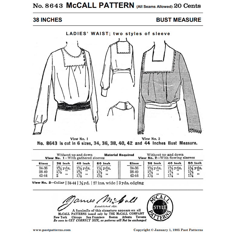 Late 1910s Ladies Waist with Two Styles of Sleeve and Collar Downloads | Past Patterns 8643